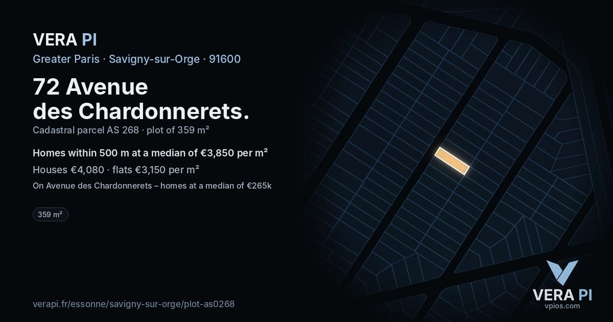 72 Avenue des Chardonnerets, Savigny-sur-Orge at night – the plot lit, the parcels around coloured by the prices near them