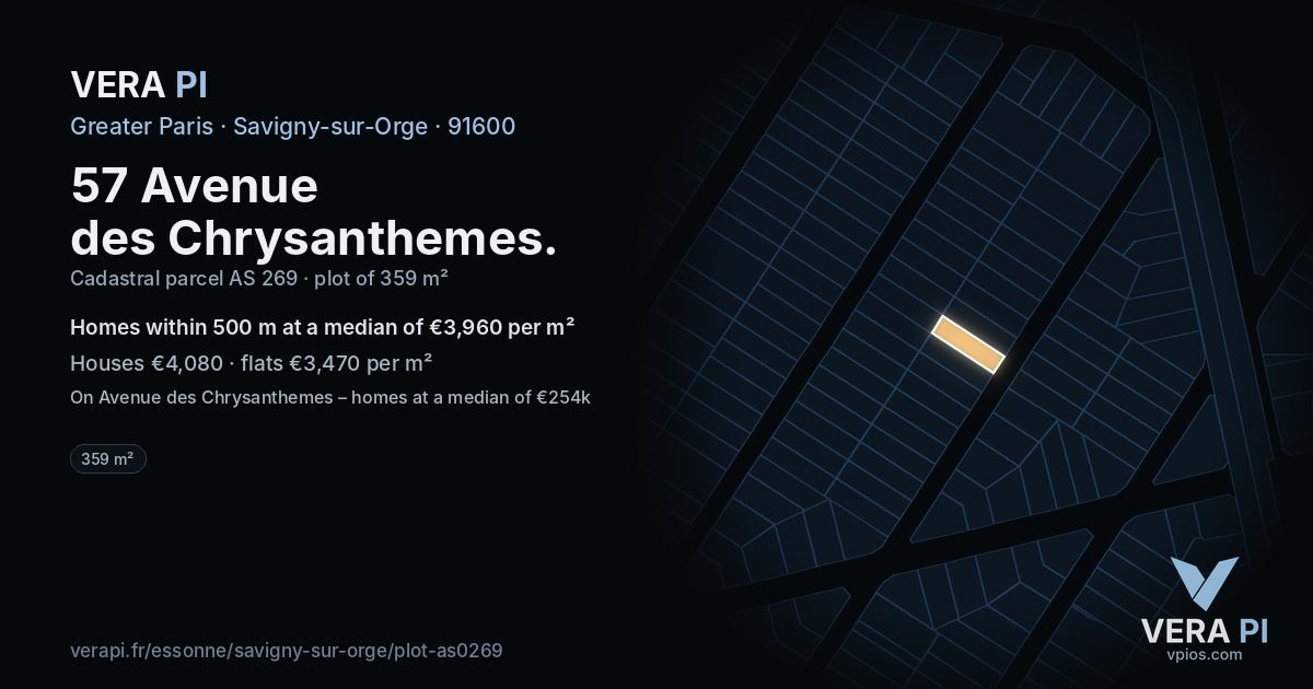 57 Avenue des Chrysanthemes, Savigny-sur-Orge at night – the plot lit, the parcels around coloured by the prices near them