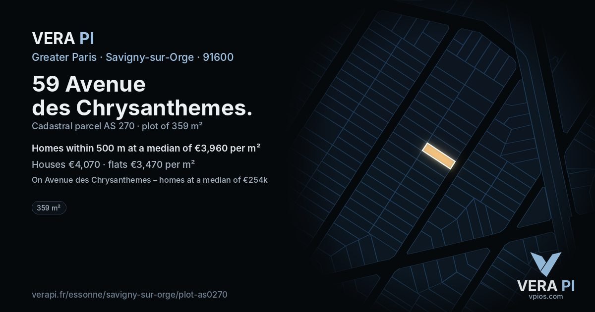 59 Avenue des Chrysanthemes, Savigny-sur-Orge at night – the plot lit, the parcels around coloured by the prices near them