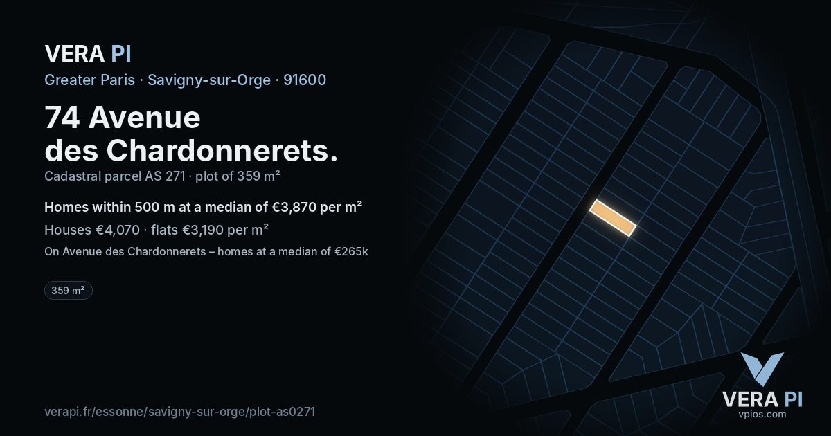 74 Avenue des Chardonnerets, Savigny-sur-Orge at night – the plot lit, the parcels around coloured by the prices near them