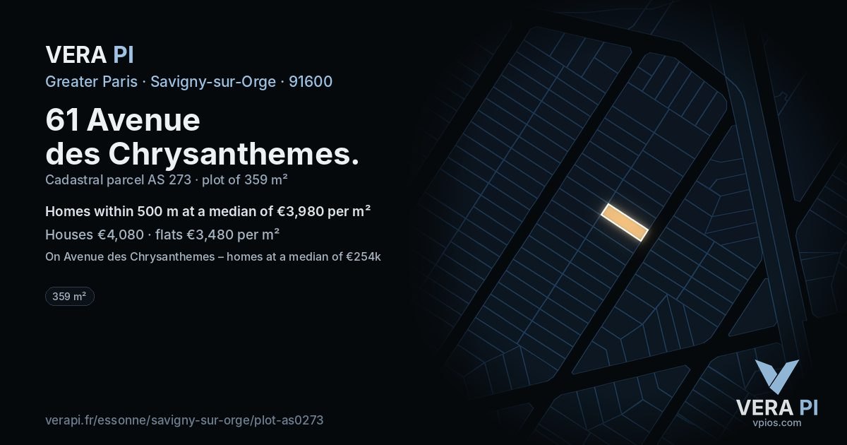 61 Avenue des Chrysanthemes, Savigny-sur-Orge at night – the plot lit, the parcels around coloured by the prices near them
