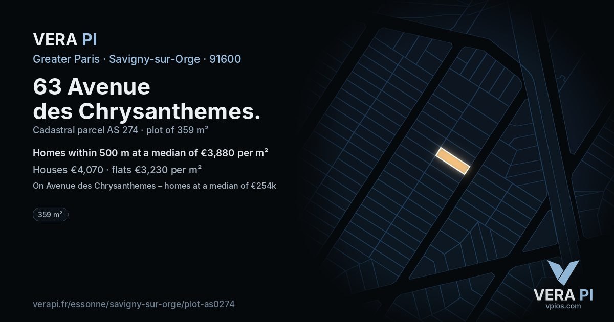 63 Avenue des Chrysanthemes, Savigny-sur-Orge at night – the plot lit, the parcels around coloured by the prices near them