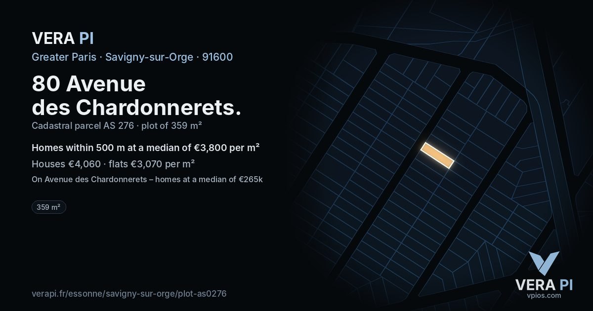 80 Avenue des Chardonnerets, Savigny-sur-Orge at night – the plot lit, the parcels around coloured by the prices near them