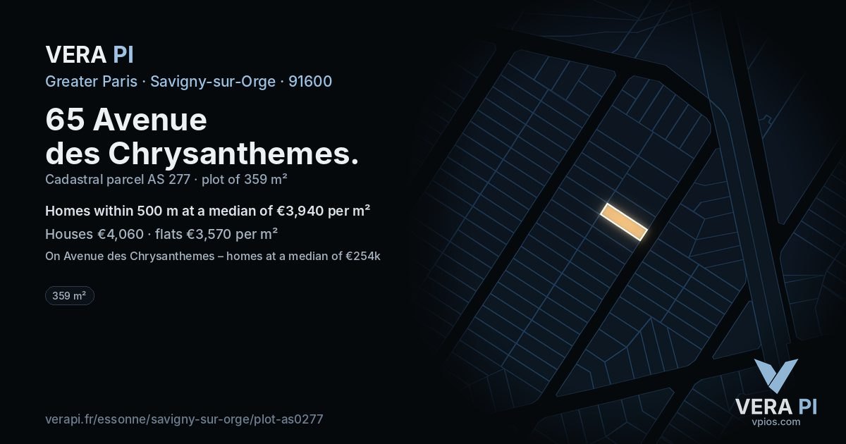 65 Avenue des Chrysanthemes, Savigny-sur-Orge at night – the plot lit, the parcels around coloured by the prices near them