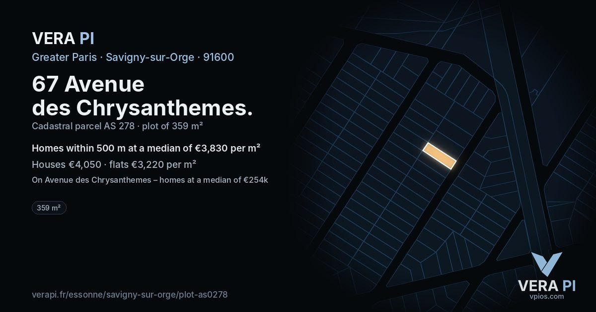 67 Avenue des Chrysanthemes, Savigny-sur-Orge at night – the plot lit, the parcels around coloured by the prices near them