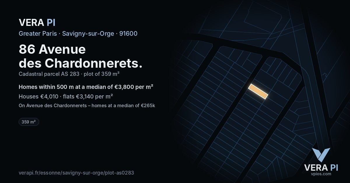 86 Avenue des Chardonnerets, Savigny-sur-Orge at night – the plot lit, the parcels around coloured by the prices near them