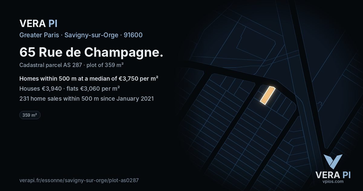 65 Rue de Champagne, Savigny-sur-Orge at night – the plot lit, the parcels around coloured by the prices near them