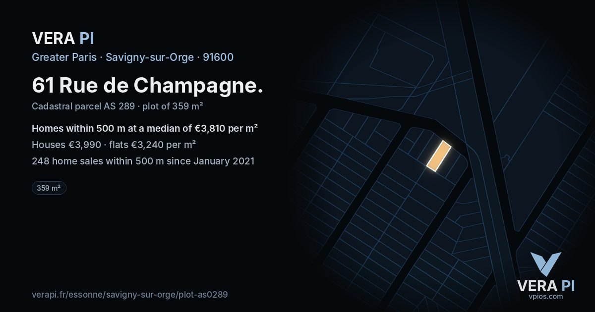 61 Rue de Champagne, Savigny-sur-Orge at night – the plot lit, the parcels around coloured by the prices near them