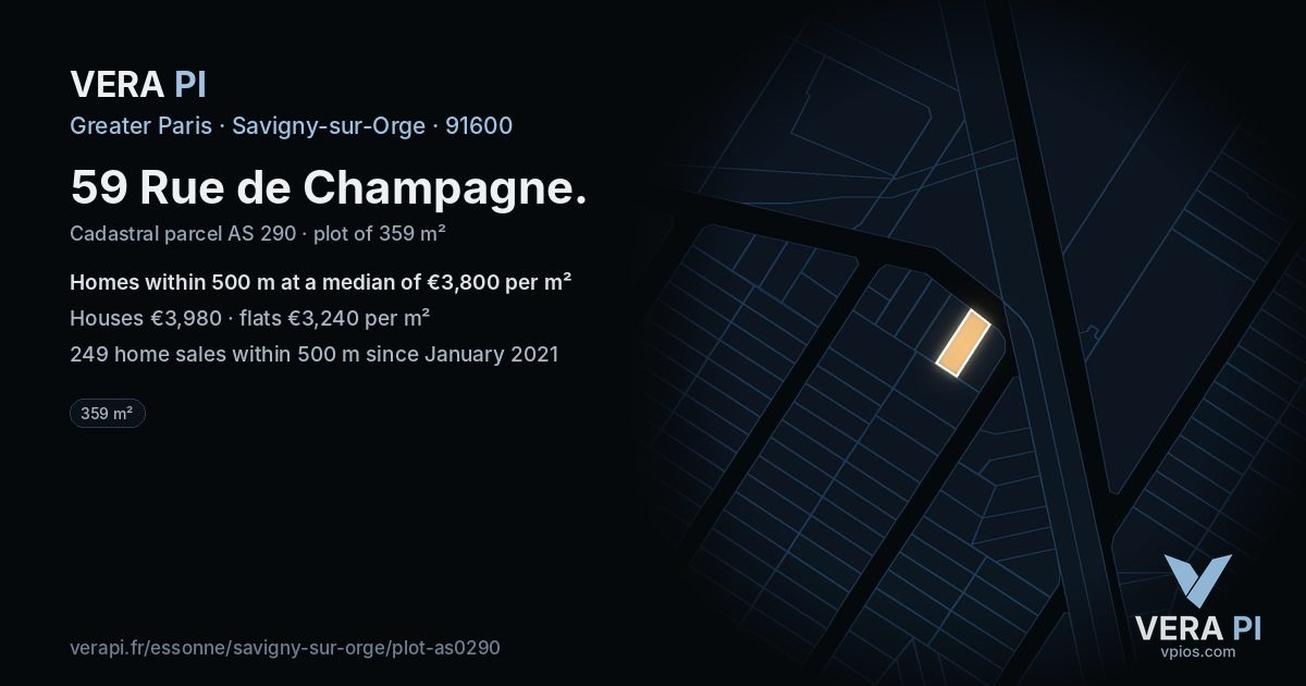 59 Rue de Champagne, Savigny-sur-Orge at night – the plot lit, the parcels around coloured by the prices near them