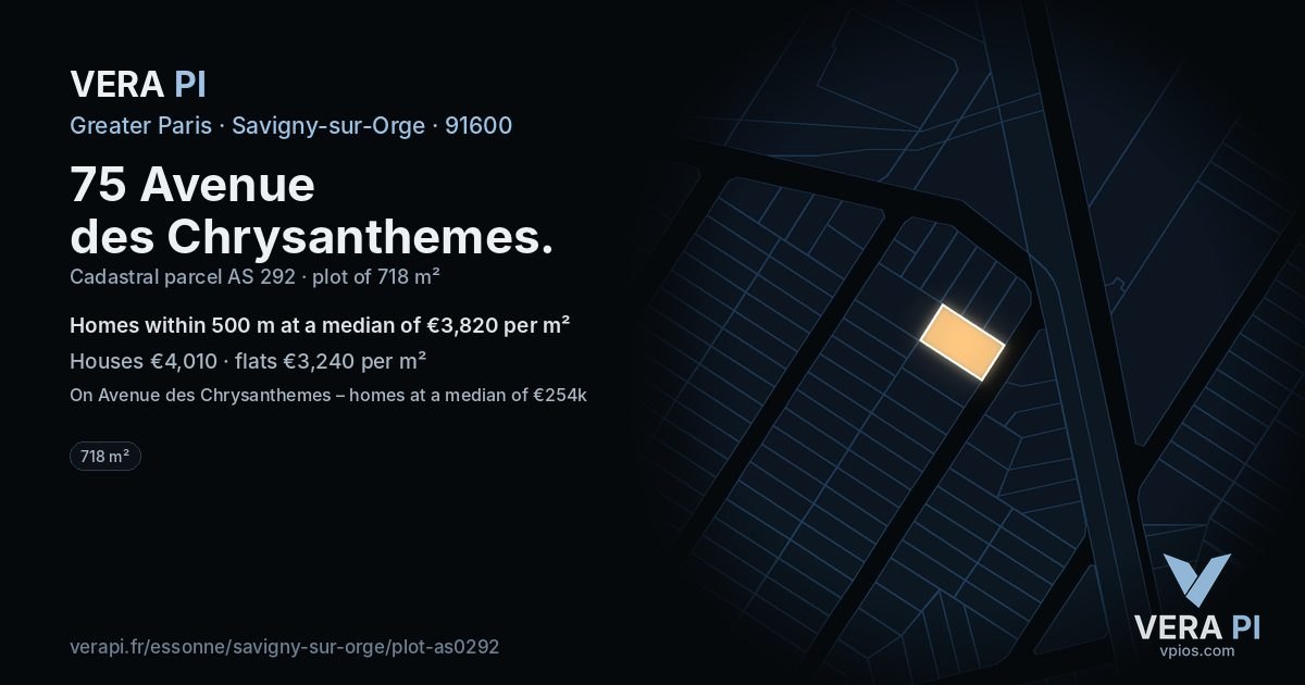 75 Avenue des Chrysanthemes, Savigny-sur-Orge at night – the plot lit, the parcels around coloured by the prices near them