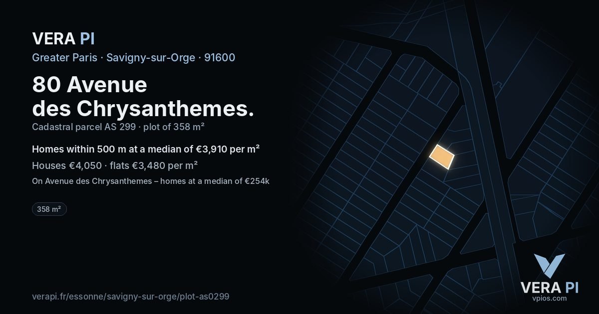 80 Avenue des Chrysanthemes, Savigny-sur-Orge at night – the plot lit, the parcels around coloured by the prices near them