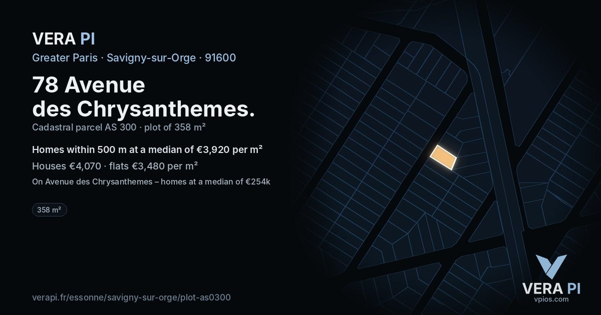 78 Avenue des Chrysanthemes, Savigny-sur-Orge at night – the plot lit, the parcels around coloured by the prices near them