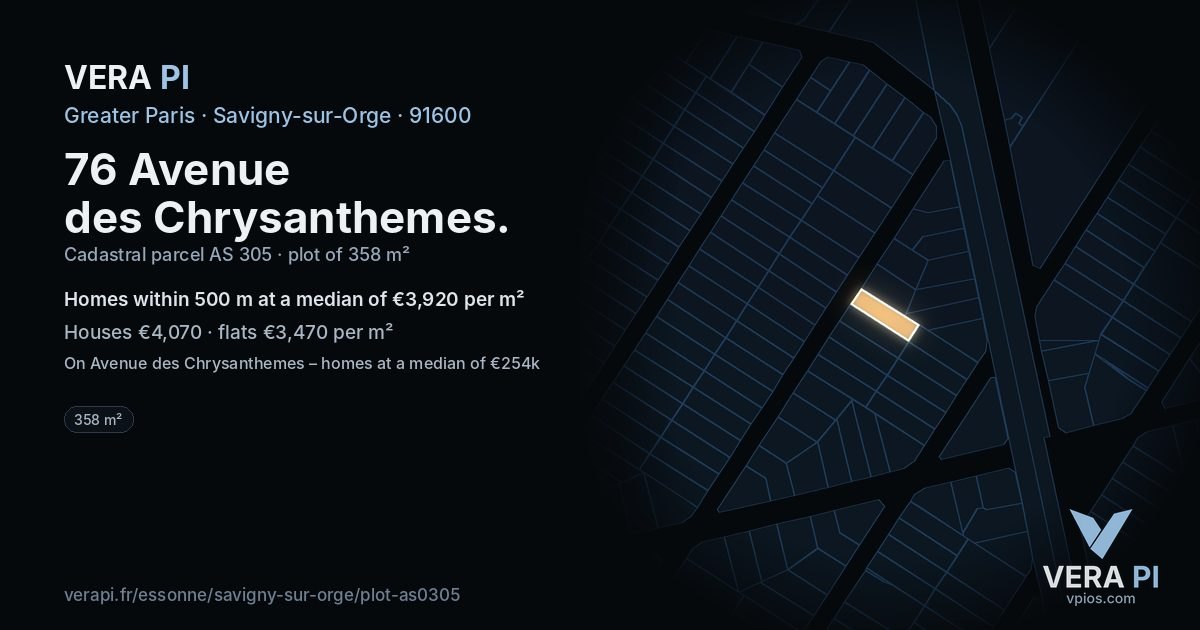 76 Avenue des Chrysanthemes, Savigny-sur-Orge at night – the plot lit, the parcels around coloured by the prices near them