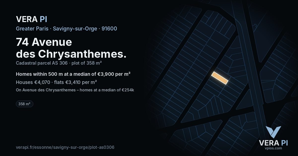 74 Avenue des Chrysanthemes, Savigny-sur-Orge at night – the plot lit, the parcels around coloured by the prices near them