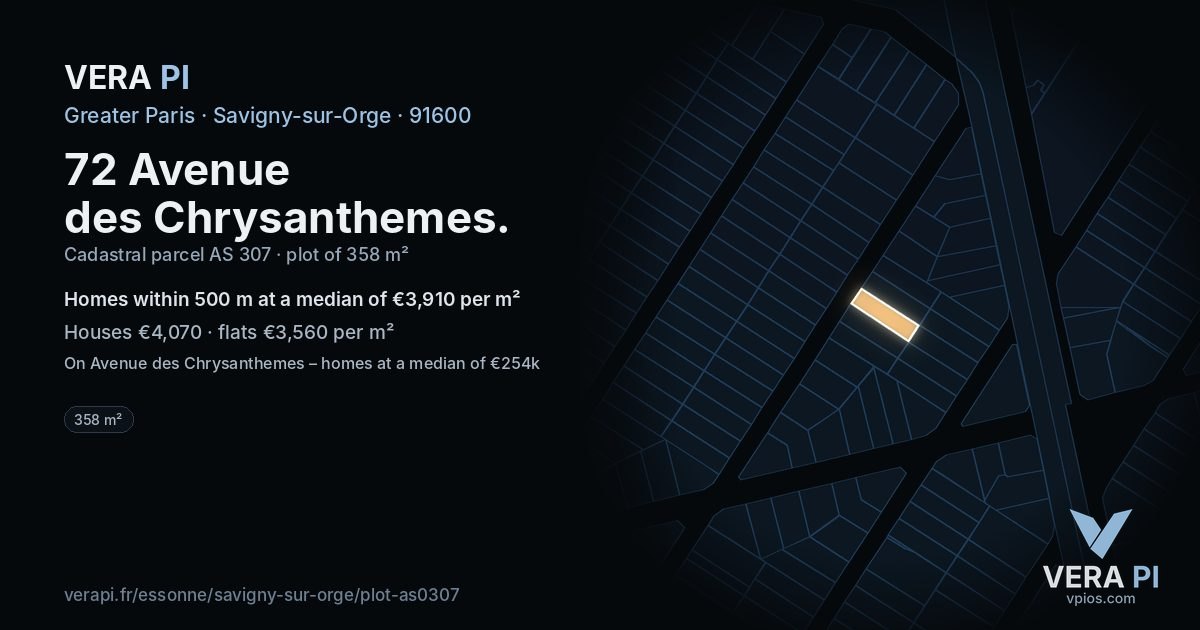 72 Avenue des Chrysanthemes, Savigny-sur-Orge at night – the plot lit, the parcels around coloured by the prices near them