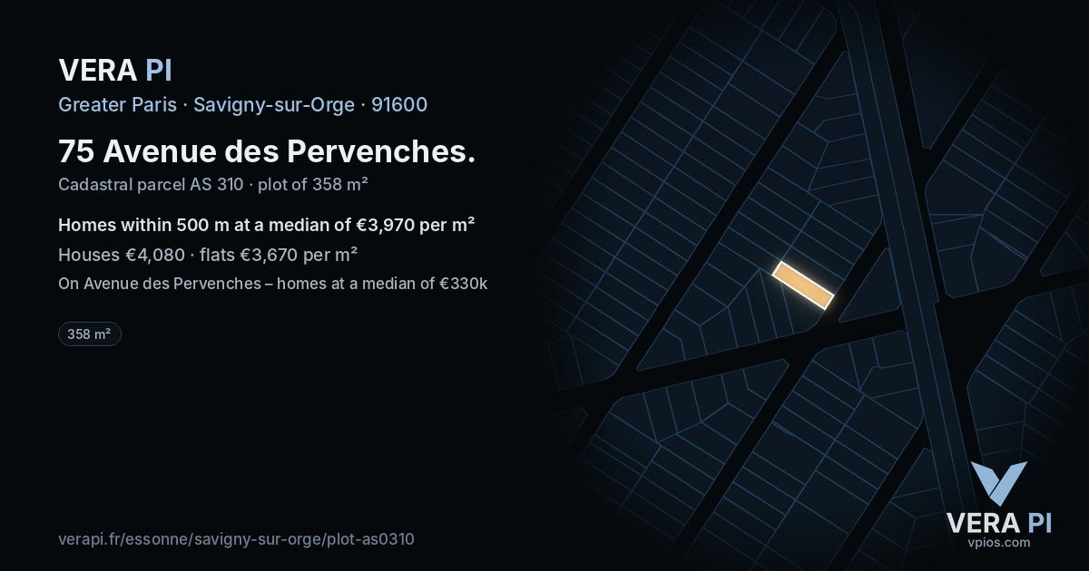 75 Avenue des Pervenches, Savigny-sur-Orge at night – the plot lit, the parcels around coloured by the prices near them