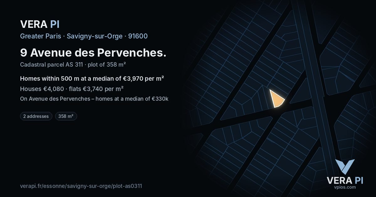 9 Avenue des Pervenches, Savigny-sur-Orge at night – the plot lit, the parcels around coloured by the prices near them