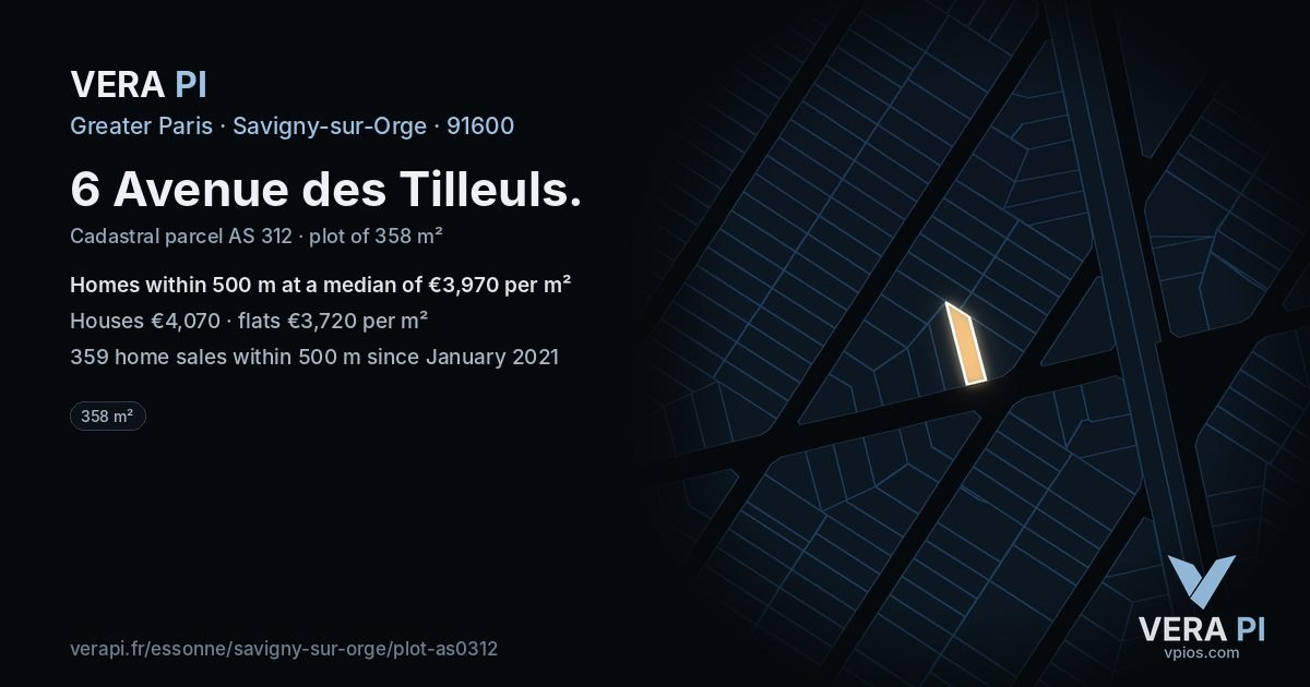 6 Avenue des Tilleuls, Savigny-sur-Orge at night – the plot lit, the parcels around coloured by the prices near them