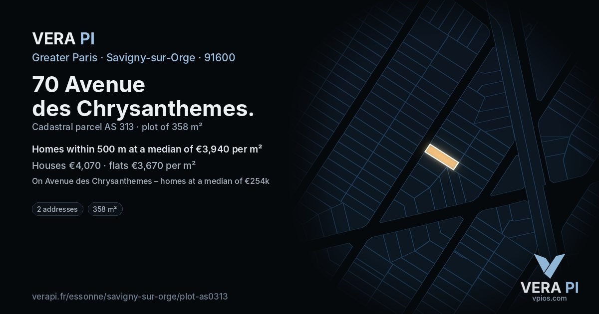70 Avenue des Chrysanthemes, Savigny-sur-Orge at night – the plot lit, the parcels around coloured by the prices near them