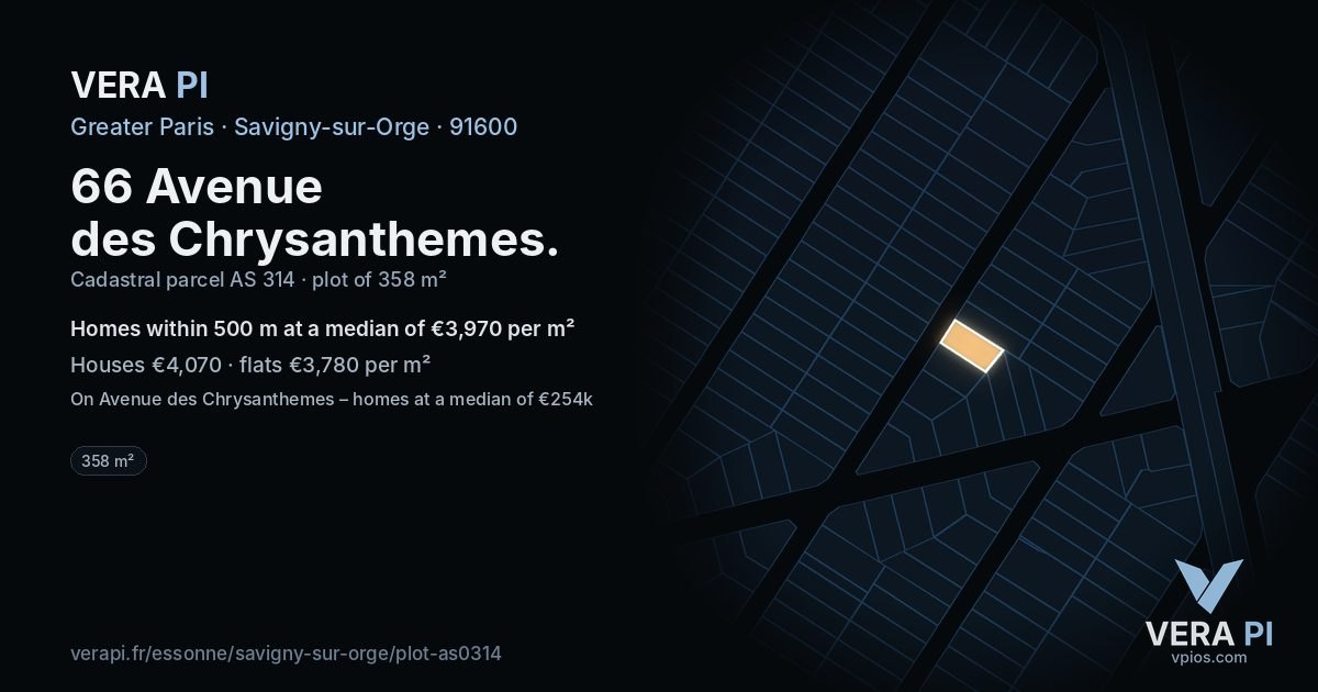 66 Avenue des Chrysanthemes, Savigny-sur-Orge at night – the plot lit, the parcels around coloured by the prices near them