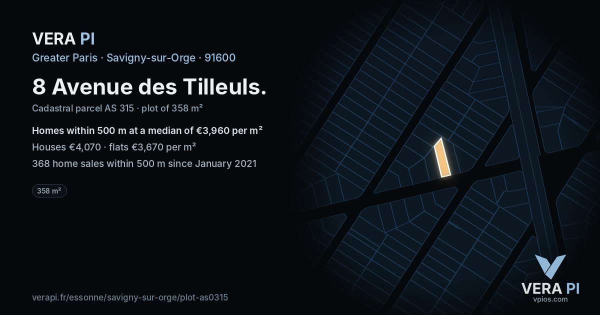 8 Avenue des Tilleuls, Savigny-sur-Orge at night – the plot lit, the parcels around coloured by the prices near them