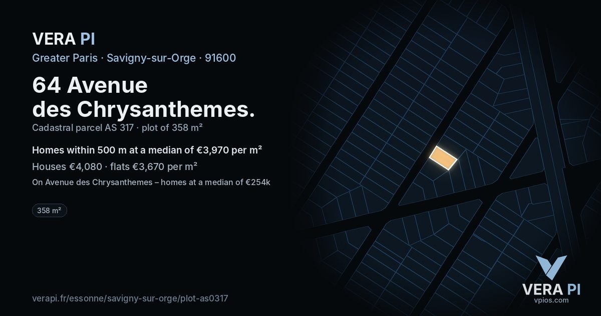 64 Avenue des Chrysanthemes, Savigny-sur-Orge at night – the plot lit, the parcels around coloured by the prices near them