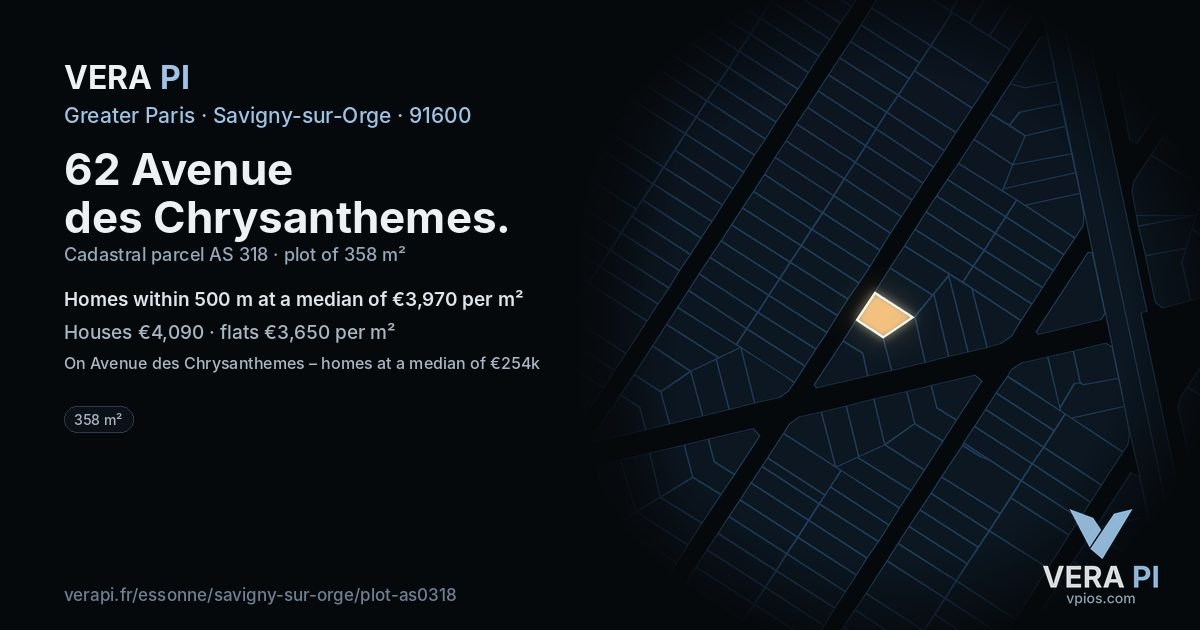 62 Avenue des Chrysanthemes, Savigny-sur-Orge at night – the plot lit, the parcels around coloured by the prices near them