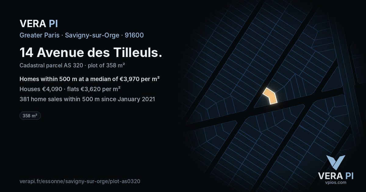 14 Avenue des Tilleuls, Savigny-sur-Orge at night – the plot lit, the parcels around coloured by the prices near them