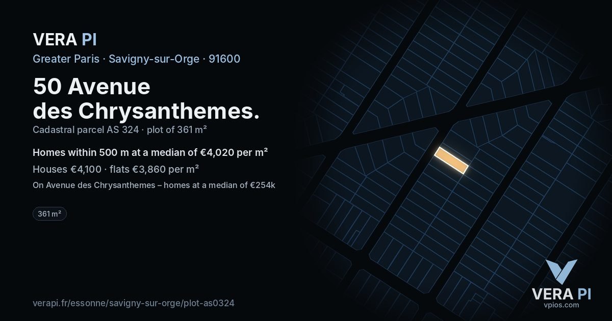 50 Avenue des Chrysanthemes, Savigny-sur-Orge at night – the plot lit, the parcels around coloured by the prices near them