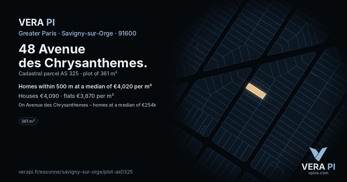 48 Avenue des Chrysanthemes, Savigny-sur-Orge at night – the plot lit, the parcels around coloured by the prices near them