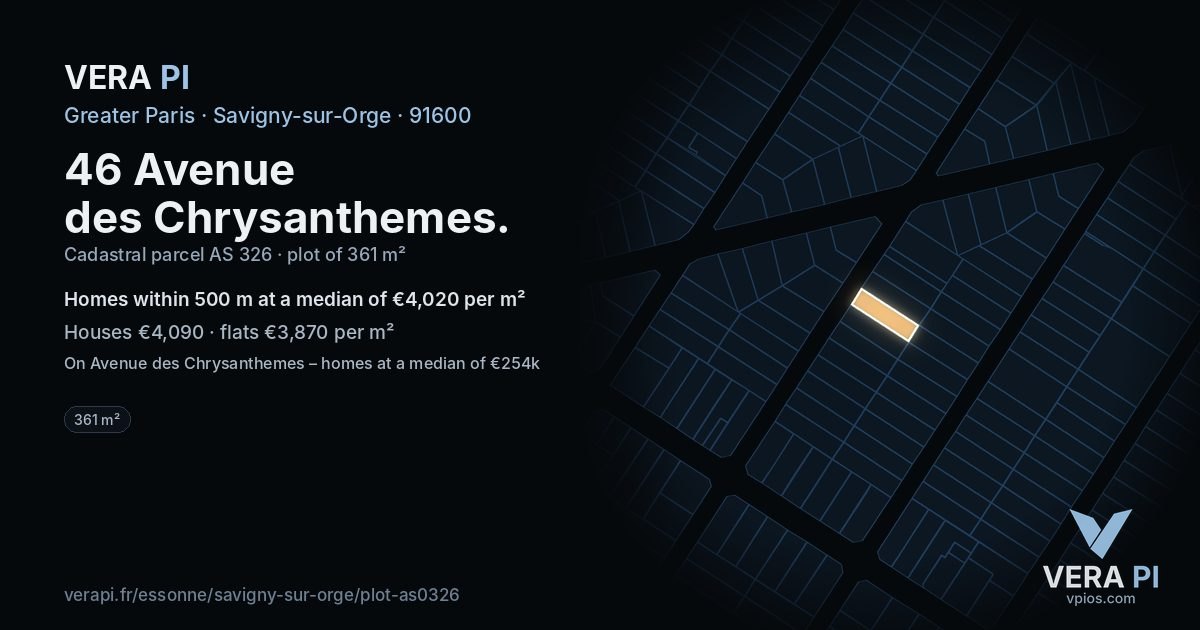 46 Avenue des Chrysanthemes, Savigny-sur-Orge at night – the plot lit, the parcels around coloured by the prices near them