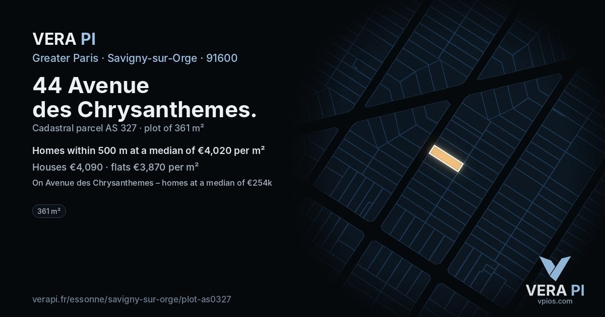 44 Avenue des Chrysanthemes, Savigny-sur-Orge at night – the plot lit, the parcels around coloured by the prices near them