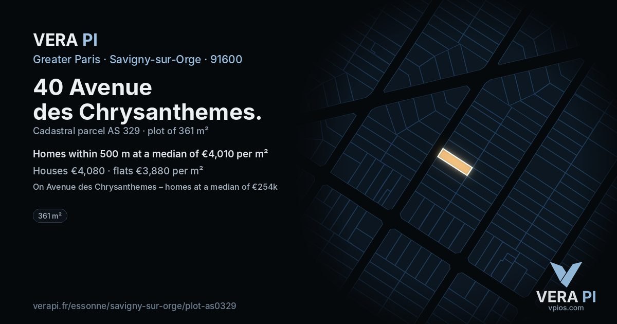 40 Avenue des Chrysanthemes, Savigny-sur-Orge at night – the plot lit, the parcels around coloured by the prices near them