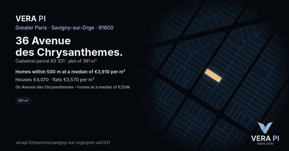 36 Avenue des Chrysanthemes, Savigny-sur-Orge at night – the plot lit, the parcels around coloured by the prices near them