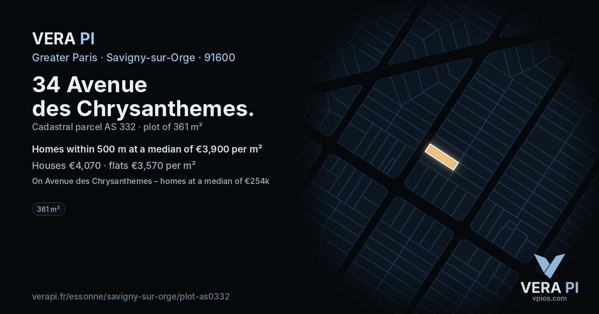 34 Avenue des Chrysanthemes, Savigny-sur-Orge at night – the plot lit, the parcels around coloured by the prices near them