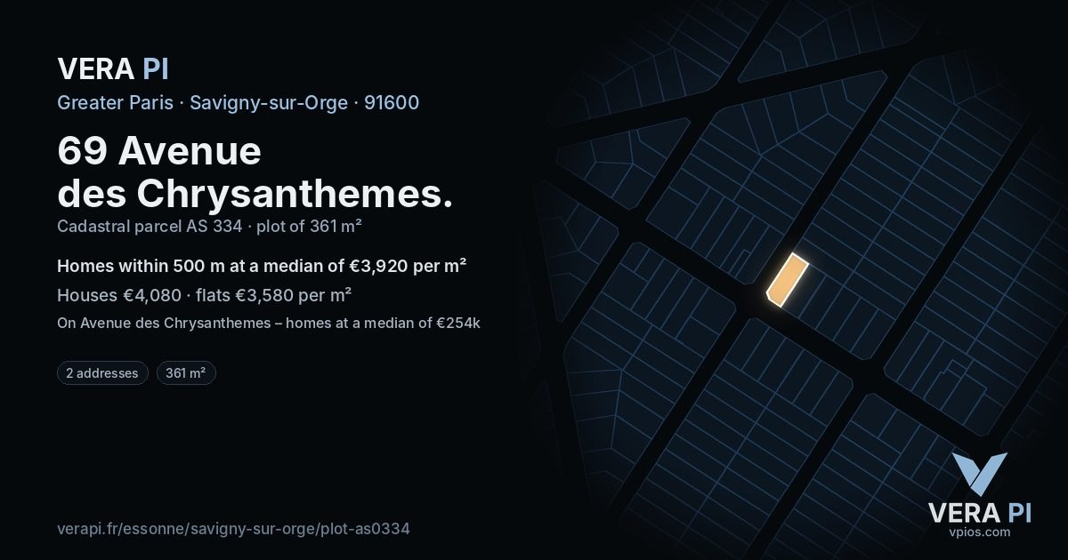 69 Avenue des Chrysanthemes, Savigny-sur-Orge at night – the plot lit, the parcels around coloured by the prices near them