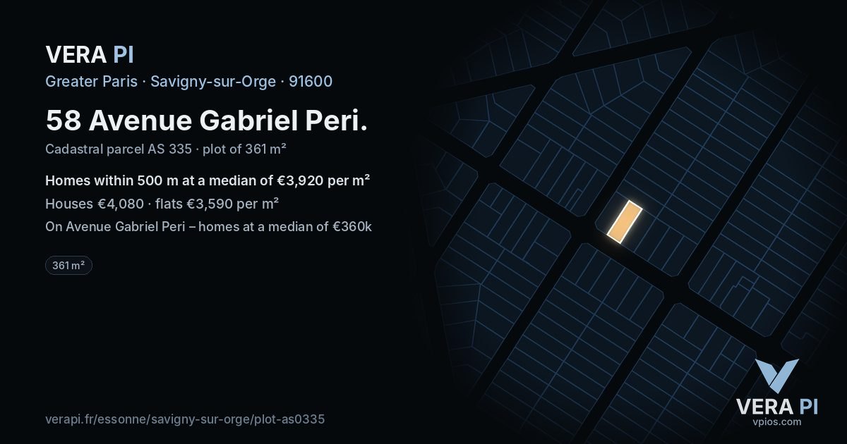 58 Avenue Gabriel Peri, Savigny-sur-Orge at night – the plot lit, the parcels around coloured by the prices near them