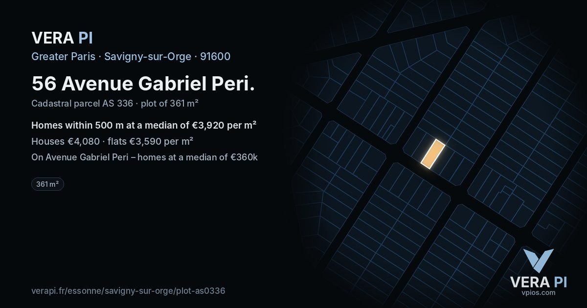 56 Avenue Gabriel Peri, Savigny-sur-Orge at night – the plot lit, the parcels around coloured by the prices near them