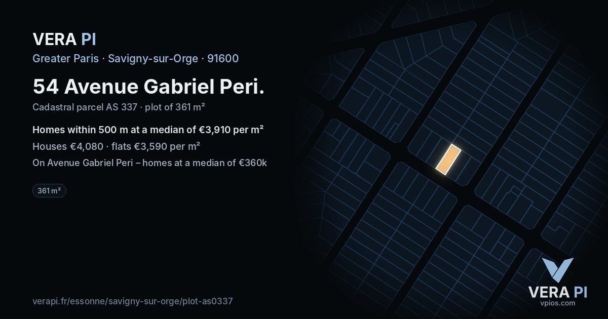 54 Avenue Gabriel Peri, Savigny-sur-Orge at night – the plot lit, the parcels around coloured by the prices near them