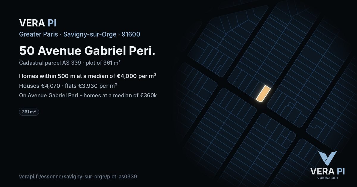 50 Avenue Gabriel Peri, Savigny-sur-Orge at night – the plot lit, the parcels around coloured by the prices near them