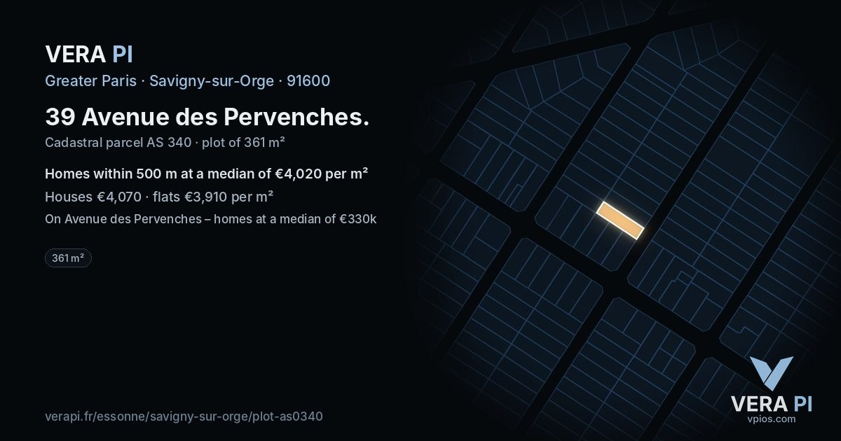 39 Avenue des Pervenches, Savigny-sur-Orge at night – the plot lit, the parcels around coloured by the prices near them