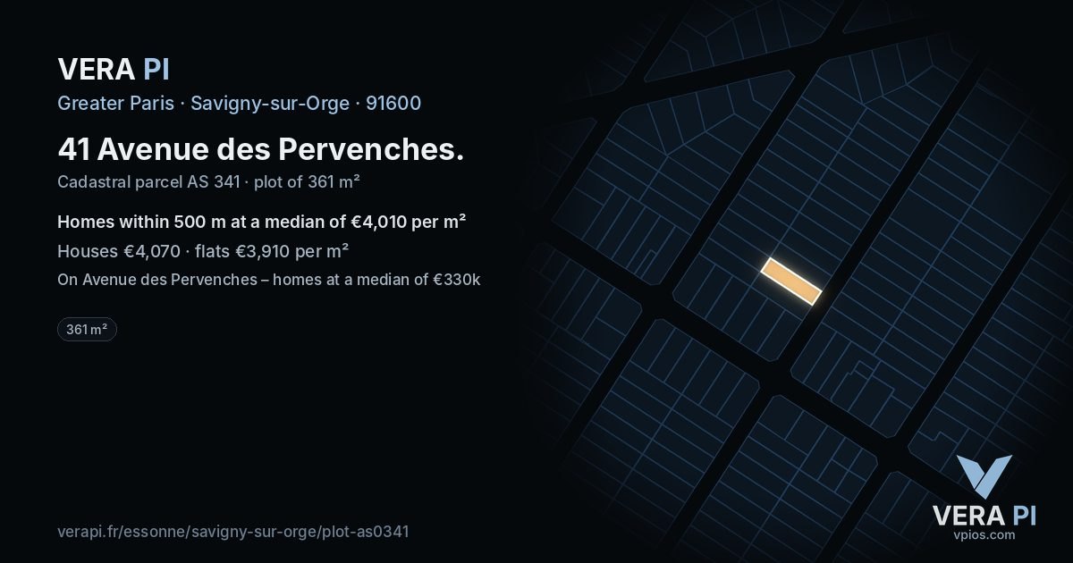 41 Avenue des Pervenches, Savigny-sur-Orge at night – the plot lit, the parcels around coloured by the prices near them
