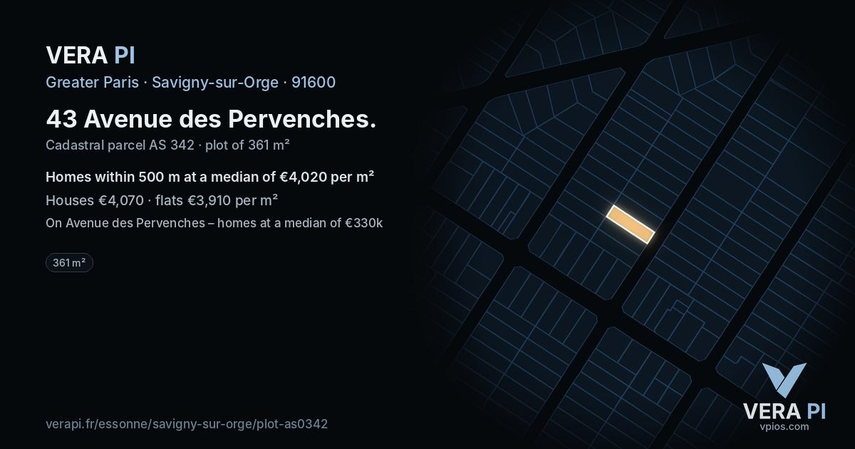 43 Avenue des Pervenches, Savigny-sur-Orge at night – the plot lit, the parcels around coloured by the prices near them