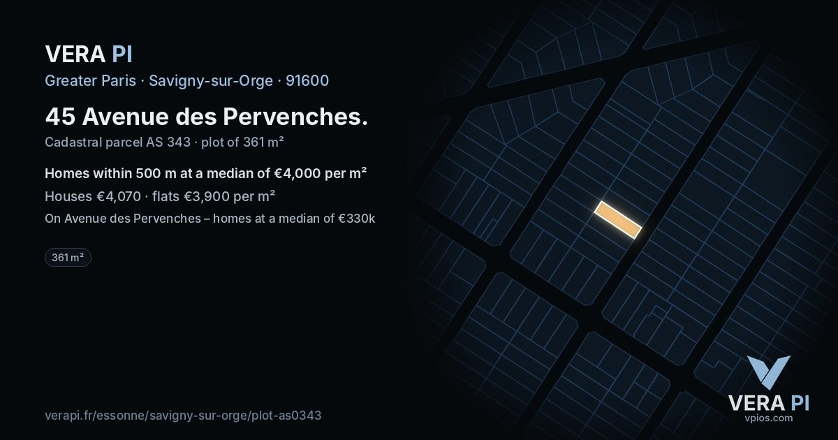 45 Avenue des Pervenches, Savigny-sur-Orge at night – the plot lit, the parcels around coloured by the prices near them