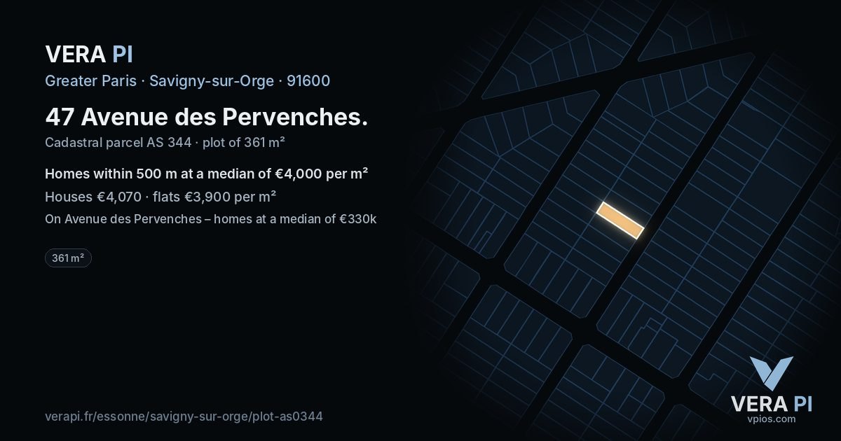 47 Avenue des Pervenches, Savigny-sur-Orge at night – the plot lit, the parcels around coloured by the prices near them