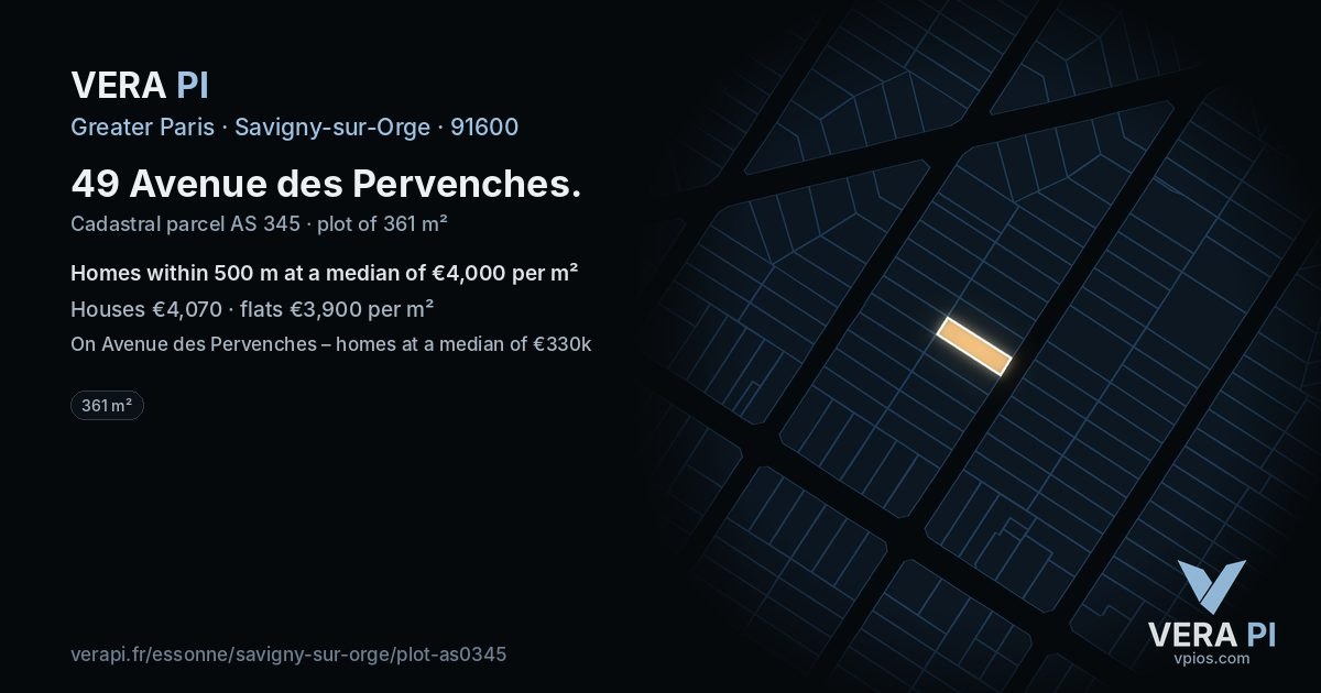 49 Avenue des Pervenches, Savigny-sur-Orge at night – the plot lit, the parcels around coloured by the prices near them
