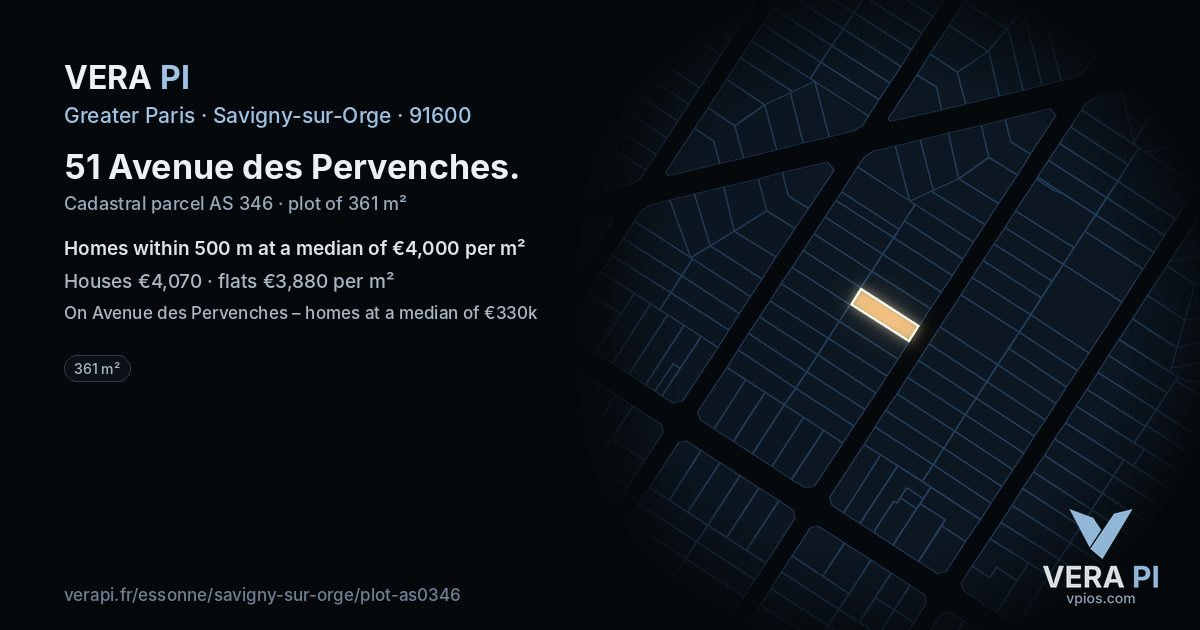 51 Avenue des Pervenches, Savigny-sur-Orge at night – the plot lit, the parcels around coloured by the prices near them