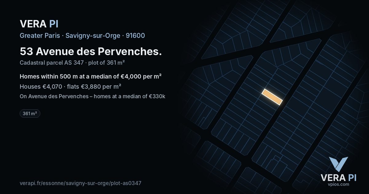 53 Avenue des Pervenches, Savigny-sur-Orge at night – the plot lit, the parcels around coloured by the prices near them