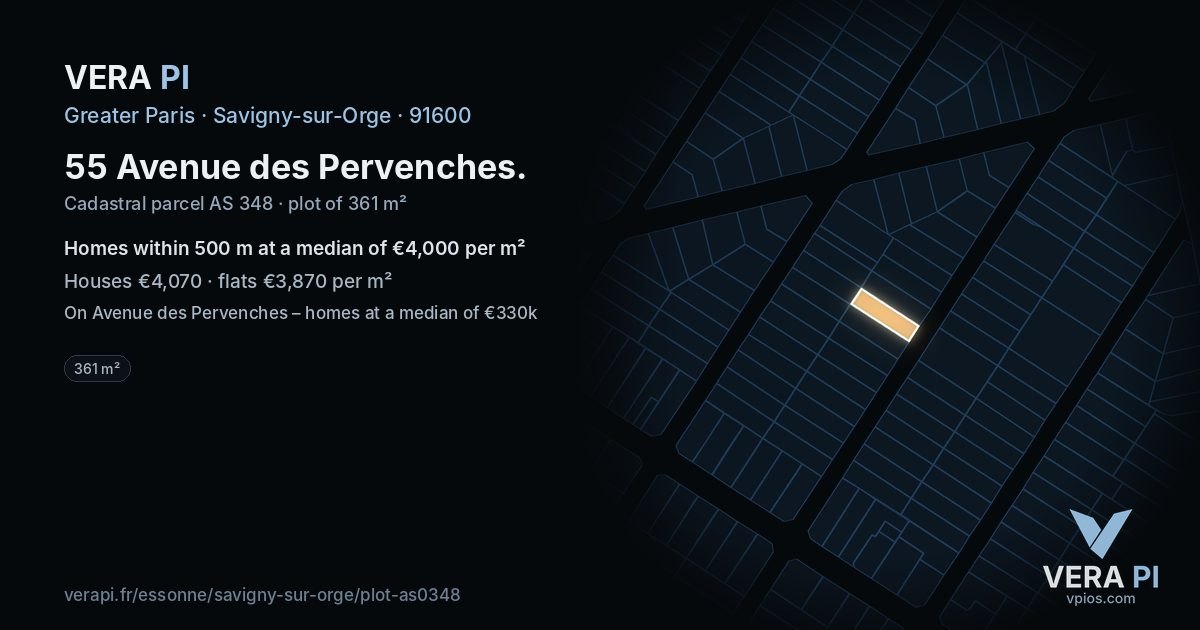 55 Avenue des Pervenches, Savigny-sur-Orge at night – the plot lit, the parcels around coloured by the prices near them