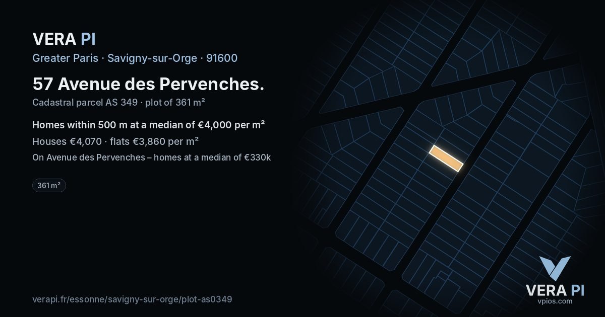 57 Avenue des Pervenches, Savigny-sur-Orge at night – the plot lit, the parcels around coloured by the prices near them